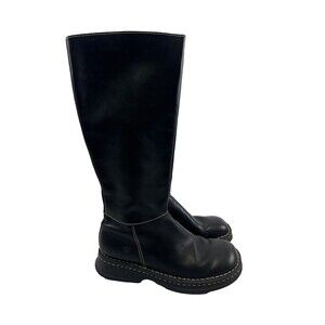 Born Tall Black Leather Boot Yellow Stitching Zip Round Toe Flat Chunky Womens 9